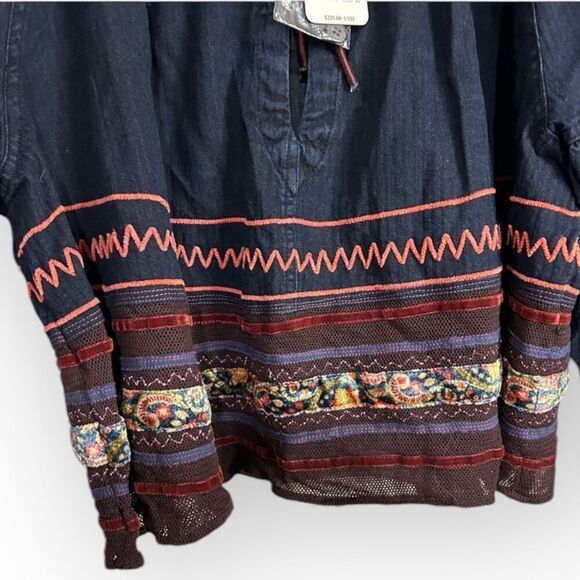 We the Free People Katie Denim Top Embroidered Peasant Tie Velvet & Mesh Trim M - Picture 9 of 13